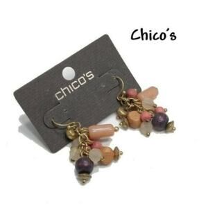 Chico's Peach Beaded Dangle Ear-Wire Earrings, New On Card, Brown Beige Gold